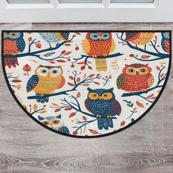CURLYOOT Owl Colorful Half Round Door Mat 24'' x 36'', Indoor Outdoor Entrance Rug, Semi Circular Area Rug, Non Slip Washable Absorbent Doormat, Laundry Room Rug