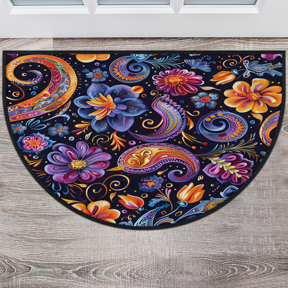 CURLYOOT Paisley Half Round Door Mat, Indoor Outdoor Entrance Rug, Bohemian Floral Semi Circular Area Rug, Non Slip Washable Absorbent Doormat, Laundry Room Rug 24'' x 36''