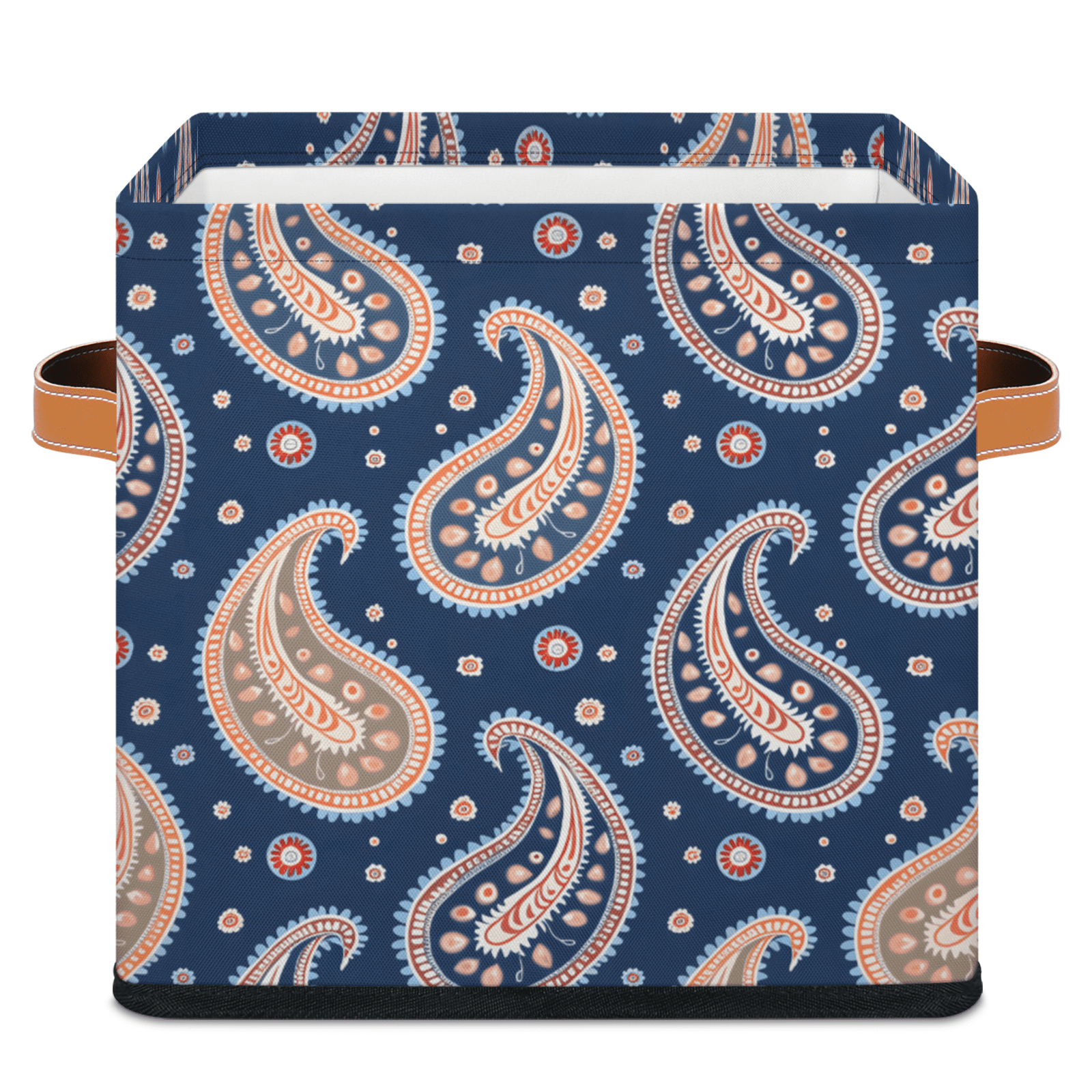CURLYOOT Paisley Pattern 11 x 11 Inch Cube Storage Bin, Fabric Storage Cube Foldable Basket with Leather Handles, Organizer Basket for Closet Shelves