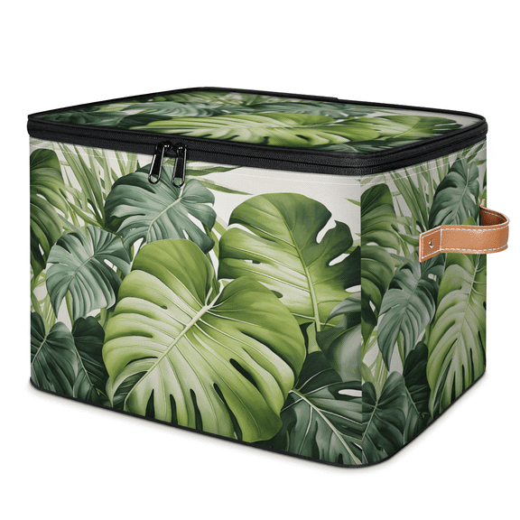 CURLYOOT Palm Leaf Tropical Plants Fabric Storage Bins with Lids, Foldable Storage Boxes Washable Storage Cube, Closet Bedroom Home Organizer Containers with PU Leather Handles