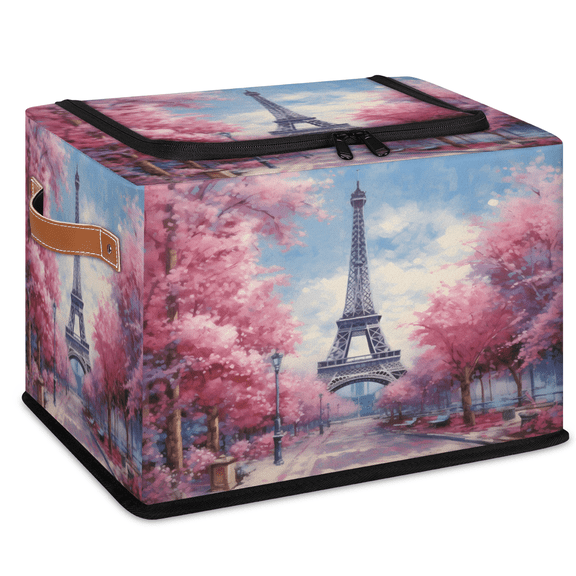 CURLYOOT Paris Eiffel Tower Pinks Storage Bin with Zipper Lid, Foldable Clothes Organizer Lidded Storage Baskets, Rectangular Box Closet Shelf Container Organizer for Home Dorm