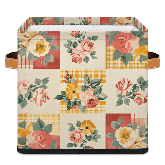CURLYOOT Patchwork Cube Storage Bin 11 Inch Fabric Storage Cube for Shelves Decorative Vintage Flowers Foldable Basket with Leather Handle for Closet Shelves Organizer