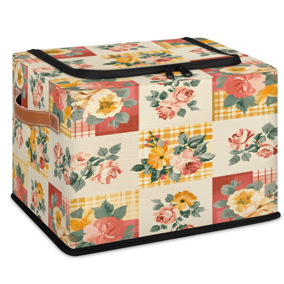 CURLYOOT Patchwork Storage Bin with Zipper Lid Foldable Storage Basket Box Vintage Flowers Clothes Organizer Container for Closet, Shelf, Bedroom, Home Decor