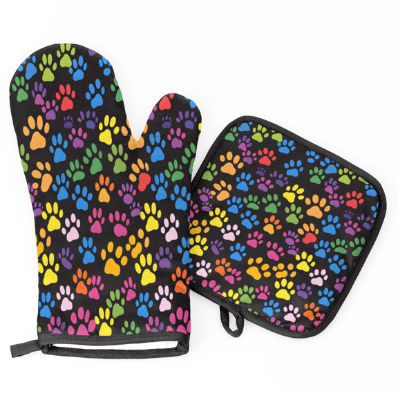 CURLYOOT Paw Print Oven Mitts and Pot Holders Sets of 2, Non-Slip Washable Colorful Dog Cat Paw Hot Pads and Oven Gloves for Kitchen Cooking Baking