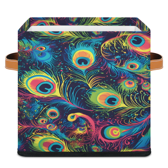 CURLYOOT Peacock Fancy Animal Leather 11 x 11 Inch Cube Storage Bin, Decorative Storage Cube Foldable Basket with Leather Handle, Fabric Bin for Closet Shelves Home Organizer