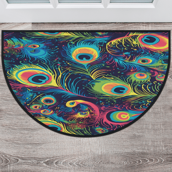 CURLYOOT Peacock Fancy Animal Leather Half Round Door Mat 24'' x 36'', Indoor Outdoor Entrance Rug, Semi Circular Area Rug, Non Slip Washable Absorbent Doormat, Laundry Room Rug