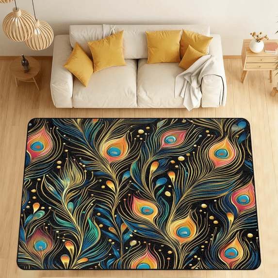 CURLYOOT Peacock Feather Area Rugs 5'x7' Washable Rug Large Living Room Rug Non Slip Abstract Indoor Floor Carpet for Dining Room Bedroom Home