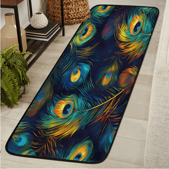 CURLYOOT Peacock Feathers Runner Rug 2'x6' Washable Kitchen Runner Rug Indoor Non Slip Laundry Rugs Teal Blue Floor Carpet for Hallway Kitchen Entryway Bedroom Living Room