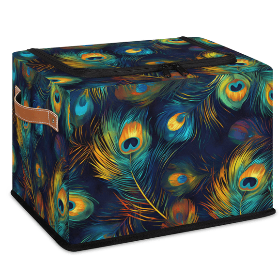 CURLYOOT Peacock Feathers Storage Bin with Zipper Lid Foldable Storage Basket Box Teal Blue Clothes Organizer Container for Closet, Shelf, Bedroom, Home Decor