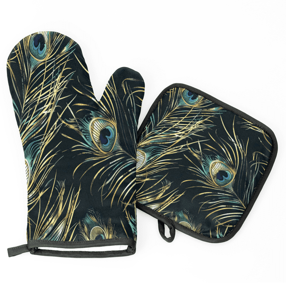 CURLYOOT Peacock Oven Mitts and Pot Holders Sets of 2, Non-Slip Washable Peacock Feather Hot Pads and Oven Gloves for Kitchen Cooking Baking