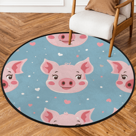 CURLYOOT Pig 5.2ft Round Rug for Living Room, Large Washable Area Rug, Non Slip Floor Mat Indoor Rugs for Bedroom, Dining Room, Offices, Entryway
