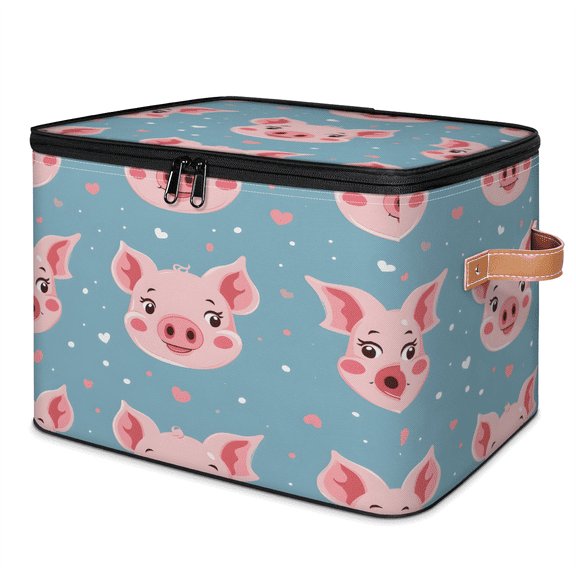 CURLYOOT Pig Storage Bin with Zipper Lid, Fabric Decorative Lidded Storage Baskets Boxes, Foldable Organizer Container Basket for Bedroom Closet Shelf