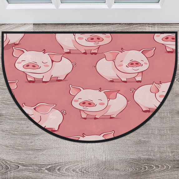 CURLYOOT Pink Pig Half Round Door Mat 40'' x 63'', Indoor Outdoor Entrance Rug, Semi Circular Area Rug, Non Slip Washable Absorbent Doormat, Laundry Room Rug