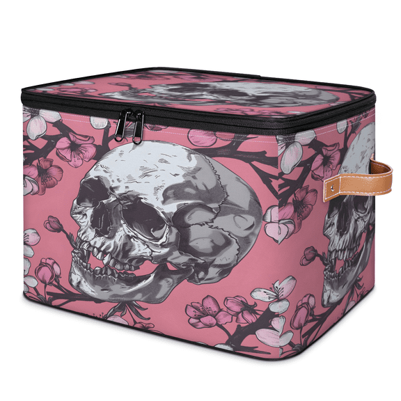 CURLYOOT Pinks Skull Fabric Storage Bins with Lids, Flower Floral Cherry Foldable Storage Boxes Washable Storage Cube, Closet Bedroom Home Organizer Containers
