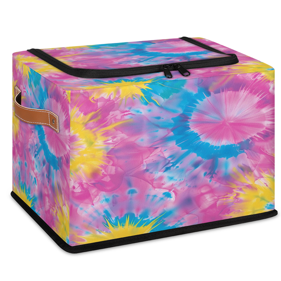 CURLYOOT Pinks Yellow Blue Purple Tie Dye Storage Bin With Zipper Lid, Foldable Clothes Organizer Lidded Storage Baskets, Rectangular Box Closet Shelf Organizer