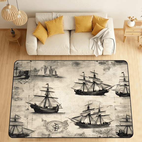 CURLYOOT Pirate Ship Area Rugs for Living Room Bedroom, 4' 10" x 6' 8" Washable Rug, Floor Carpet with Non Slip Backing for Dining Room Indoor