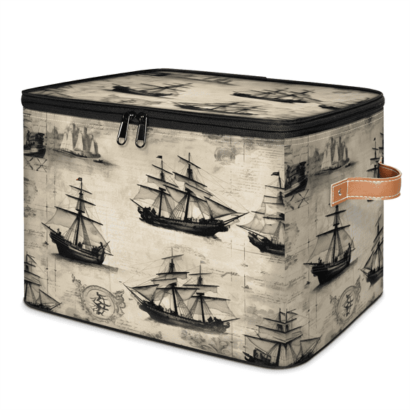 CURLYOOT Pirate Ship Storage Bin with Zipper Lid, Fabric Decorative Lidded Storage Baskets Boxes, Foldable Organizer Container Basket for Bedroom Closet Shelf