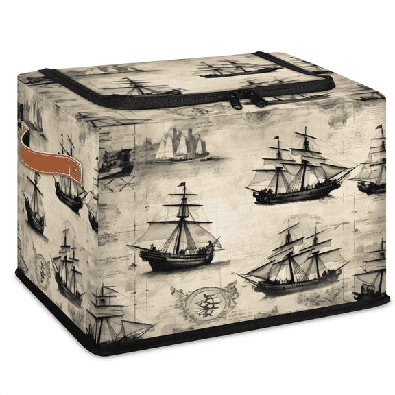 CURLYOOT Pirate Ship Storage Bin with Zipper Lid, Foldable Clothes Organizer Lidded Storage Baskets, Rectangular Box Closet Shelf Container Organizer for Home Dorm