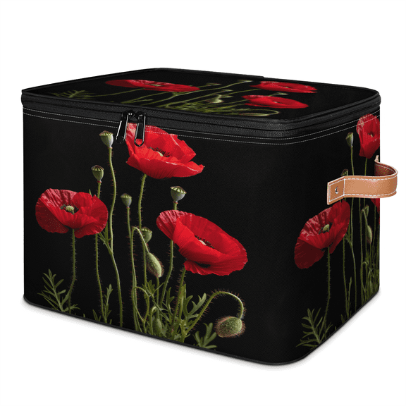 CURLYOOT Poppy Fabric Storage Bins with Lids, Red Flower Foldable Storage Boxes Washable Storage Cube, Closet Bedroom Home Organizer Containers with PU Leather Handles