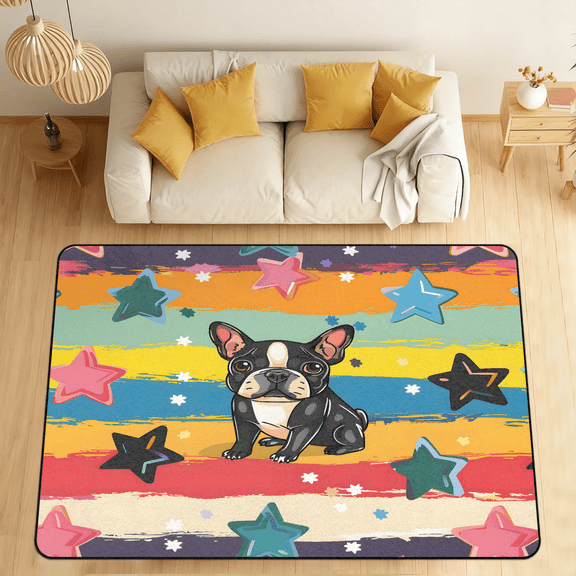 CURLYOOT Pug Dog Rainbow Stripes Area Rugs for Living Room Bedroom, 4' 10" x 6' 8" Washable Rug, Floor Carpet with Non Slip Backing for Dining Room Indoor
