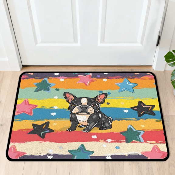 CURLYOOT Pug Dog Rainbow Stripes Indoor Doormat, Non-Slip Absorbent Door Mat 24" x 16", Entrance Floor Mat Washable Entry Doormats for Entryway Front Back Door