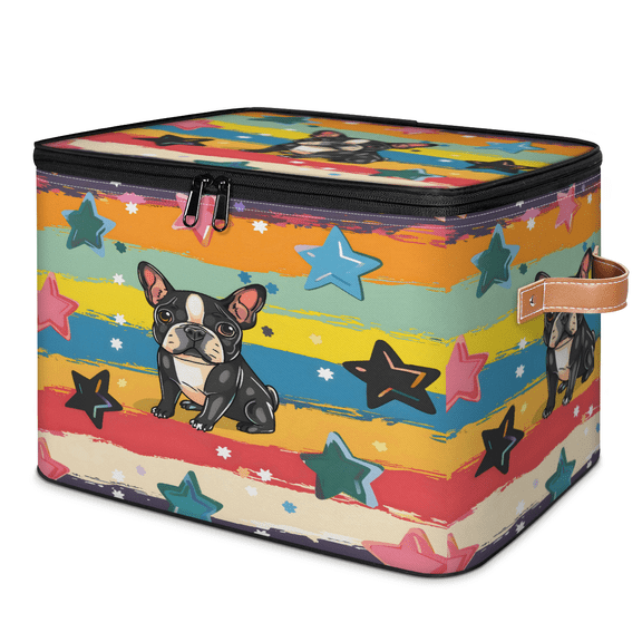 CURLYOOT Pug Dog Rainbow Stripes Storage Bins with Zipper Lid Fabric Storage Baskets Boxes Washable Foldable Clothes Organizer Container with Leather Handles for Shelves Closet