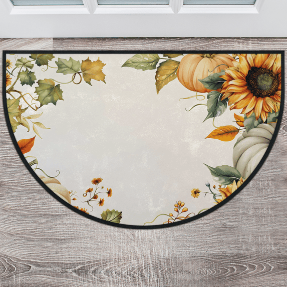 CURLYOOT Pumpkin Sunflower Fall Half Round Door Mat 24'' x 36'', Indoor Outdoor Entrance Rug, Semi Circular Area Rug, Non Slip Washable Absorbent Doormat, Laundry Room Rug