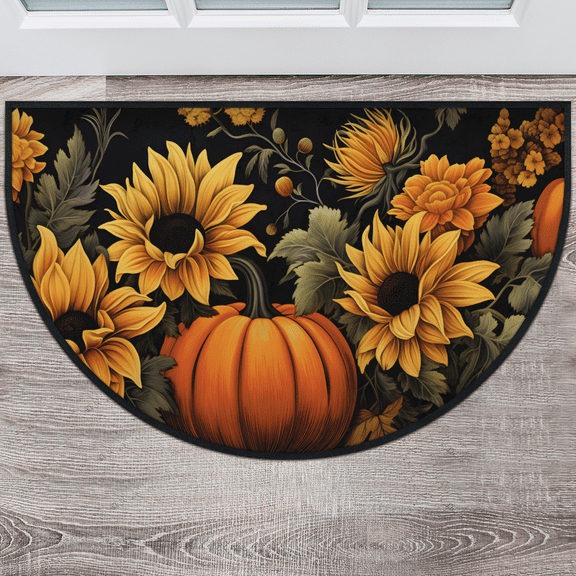 CURLYOOT Pumpkin Sunflower Half Round Door Mat, Indoor Outdoor Entrance Rug, Fall Semi Circular Area Rug, Non Slip Washable Absorbent Doormat, Laundry Room Rug 24'' x 36''