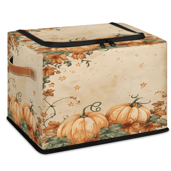 CURLYOOT Pumpkins Fall Maple Retro Storage Bin With Zipper Lid, Foldable Clothes Organizer Lidded Storage Baskets, Rectangular Box Closet Shelf Container Organizer for Home Dorm
