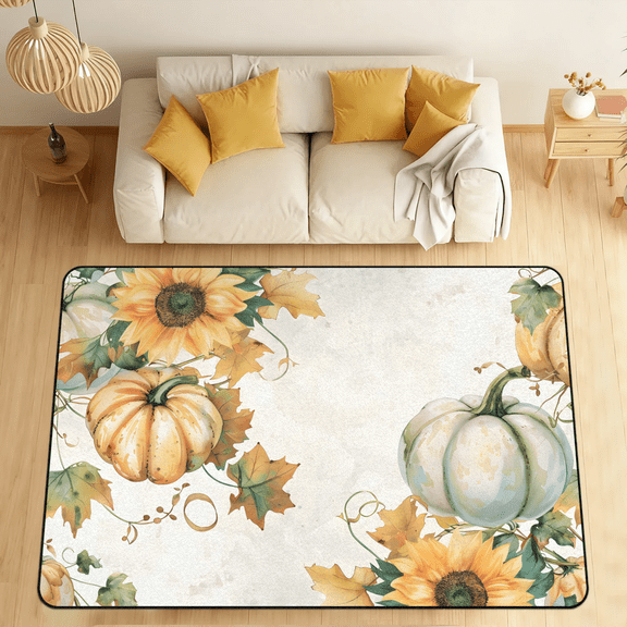 CURLYOOT Pumpkins Leaves Fall Area Rugs for Living Room Bedroom, 4' 10" x 6' 8" Washable Rug, Floor Carpet with Non Slip Backing for Dining Room Indoor