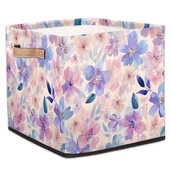 CURLYOOT Purple Blossom Flower Cube Storage Bin, 13 x 13 x 13 Storage Cube Bins for Organizing, Fabric Foldable Closet Baskets with Handles for Closet, Shelves, Clothes