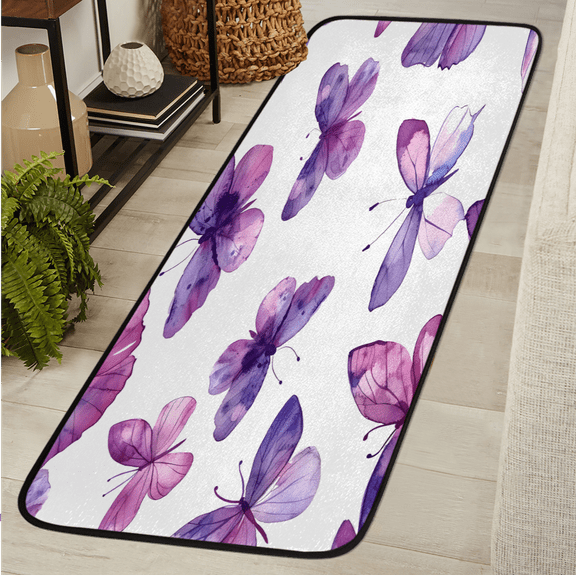 CURLYOOT Purple Butterfly Runner Rug 2'x6' Washable Kitchen Runner Rug Indoor Non Slip Laundry Rugs Floor Carpet for Hallway Kitchen Entryway Bedroom Living Room
