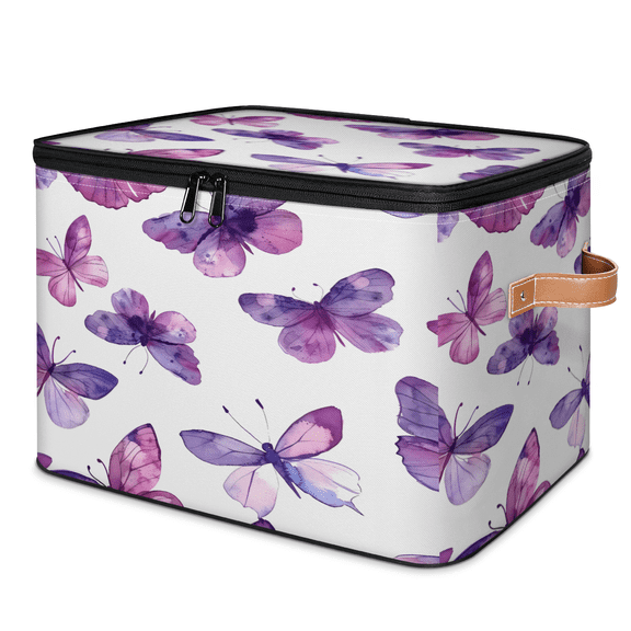 CURLYOOT Purple Butterfly Storage Bins with Lid, Decorative Fabric Storage Boxes, Foldable Closet Shelf Organizer Baskets for Bedroom, Living Room, Home