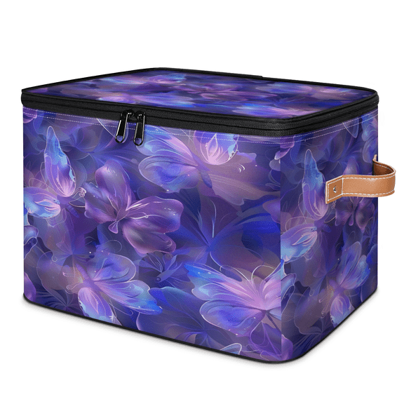 CURLYOOT Purple Fabric Storage Bins with Lids, Butterfly Foldable Storage Boxes Washable Storage Cube, Closet Bedroom Home Organizer Containers with PU Leather Handles