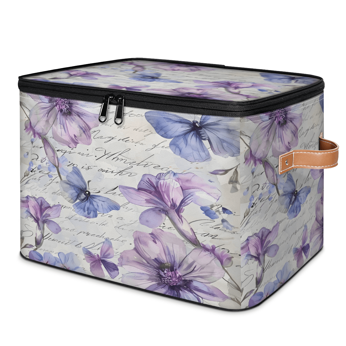 CURLYOOT Purple Flower Butterfly Fabric Storage Bins with Lids, Phrase Words Foldable Storage Boxes Washable Storage Cube, Closet Bedroom Home Organizer Containers with Handles