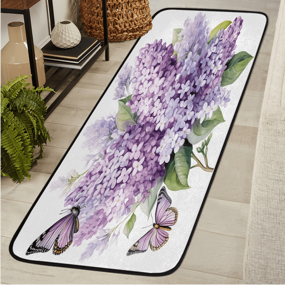 CURLYOOT Purple Hydrangea Butterfly Runner Rug 2'x6' Washable Kitchen Runner Rug Indoor Non Slip Laundry Rugs Floor Carpet for Hallway Kitchen Entryway Bedroom Living Room