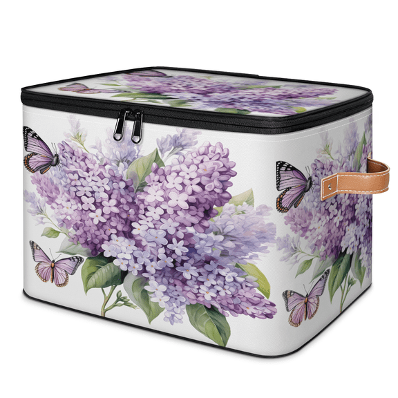 CURLYOOT Purple Hydrangea Butterfly Storage Bin with Zipper Lid, Fabric Decorative Lidded Storage Baskets Boxes, Foldable Organizer Container Basket for Bedroom Closet Shelf