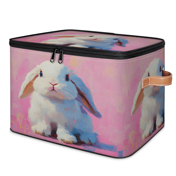 CURLYOOT Rabbits Storage Bin with Zipper Lid, Fabric Decorative Lidded Storage Baskets Boxes, Cute Rabbit Foldable Organizer Container Basket for Bedroom Closet Shelf