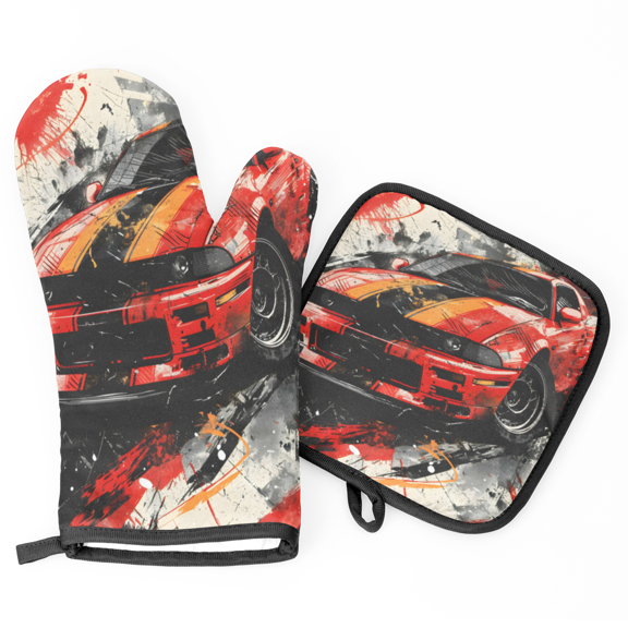 CURLYOOT Race Car Cool Oven Mitts and Pot Holders Sets of 2, Non-Slip Washable Hot Pads and Oven Gloves for Kitchen Cooking Baking