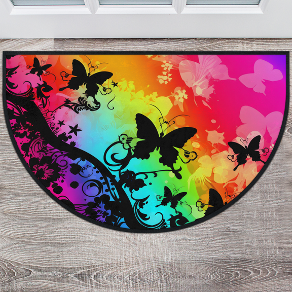 CURLYOOT Rainbow Butterfly Half Round Door Mat, Indoor Outdoor Entrance Rug, Semi Circular Area Rug, Non Slip Washable Absorbent Doormat, Laundry Room Rug 24'' x 36''