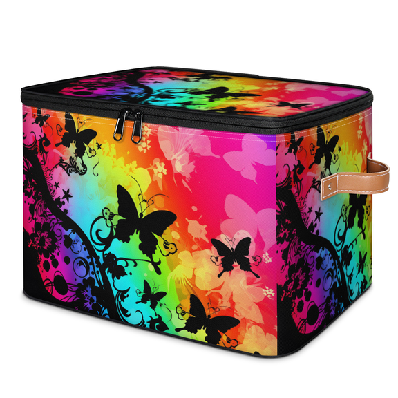 CURLYOOT Rainbow Butterfly Storage Bins with Zipper Lid Fabric Storage Baskets Boxes Washable Foldable Clothes Organizer Container with Leather Handles for Shelves Closet