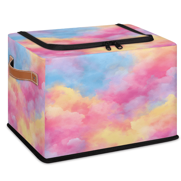 CURLYOOT Rainbow Clouds Storage Bin with Zipper Lid, Foldable Clothes Organizer Lidded Storage Baskets, Rectangular Box Closet Shelf Organizer for Living Room Bedroom Home
