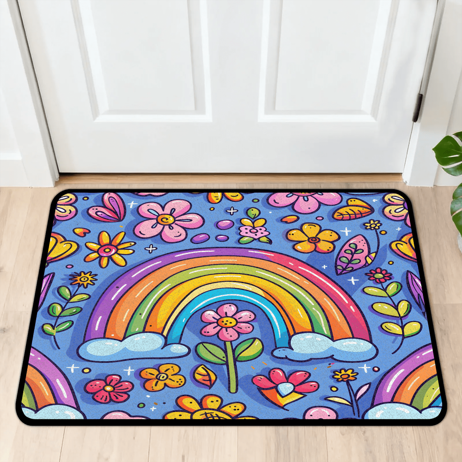 Flower Floor Mat Rainbow × Ecru beige Rainbow Flower Rug Non-Slip