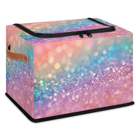 CURLYOOT Rainbow Glitter Storage Bin with Zipper Lid Foldable Storage Basket Box Colorful Clothes Organizer Container for Closet, Shelf, Bedroom, Home Decor
