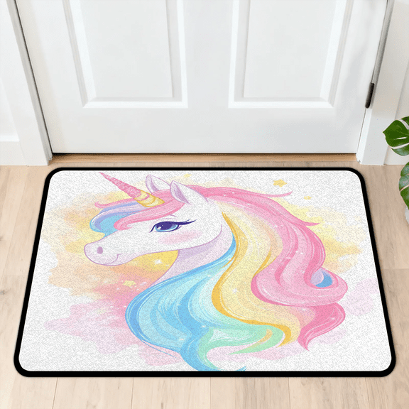 CURLYOOT Rainbow Unicorn Colorful Indoor Doormat, Non-Slip Absorbent Door Mat 24" x 16", Entrance Floor Mat Washable Entry Doormats for Entryway Front Back Door