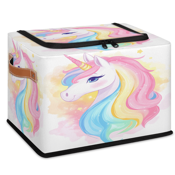 CURLYOOT Rainbow Unicorn Colorful Storage Bin with Zipper Lid, Foldable Clothes Organizer Lidded Storage Baskets, Rectangular Box Closet Shelf Organizer
