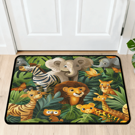 CURLYOOT Rainforest Animals Jungle Elephant Giraffe Door Mat 24" x 36" Absorbent Front Doormat Entrance Mat Non-Slip Washable Welcome Mats Floor Mats for Entryway Indoor Outdoor
