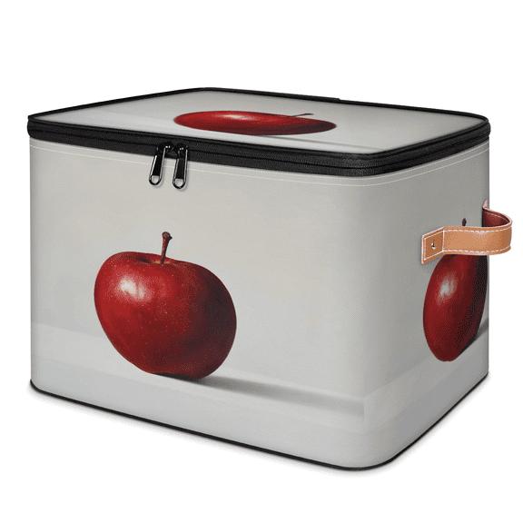 CURLYOOT Red Apples Fabric Storage Bins with Lids, Fruit Printed Foldable Storage Boxes Washable Storage Cube, Closet Bedroom Home Organizer Containers with PU Leather Handles