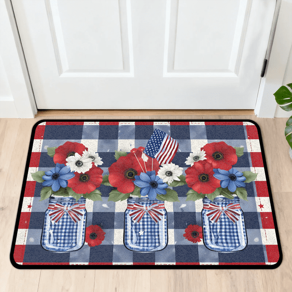 CURLYOOT Red and Blue Stripe Flowers Indoor Doormat, Non-Slip Absorbent Door Mat 24" x 16", Entrance Floor Mat Washable Entry Doormats for Entryway Front Back Door
