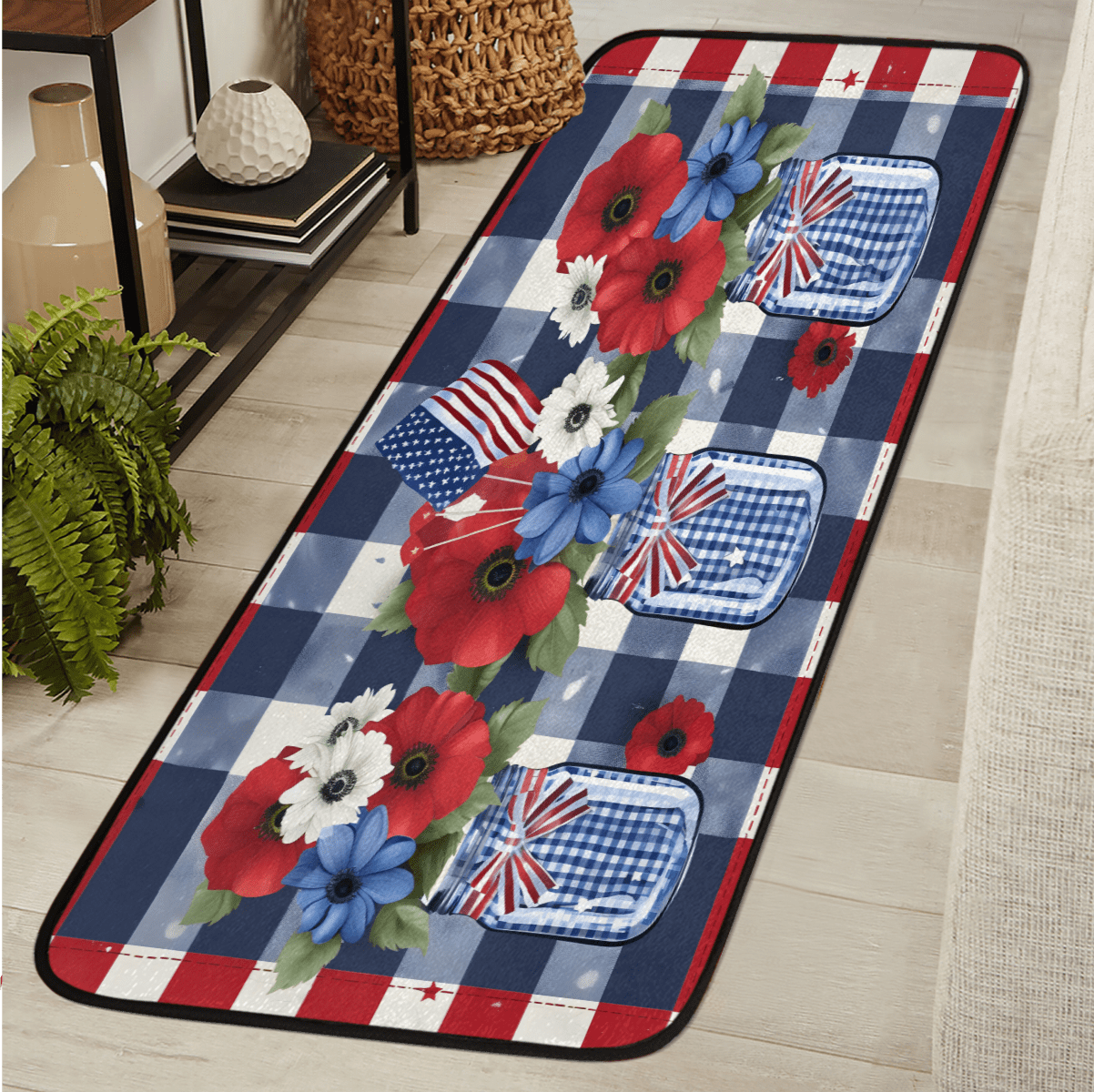 CURLYOOT Red and Blue Stripe Flowers Runner Rug 2'x6' Washable Kitchen ...